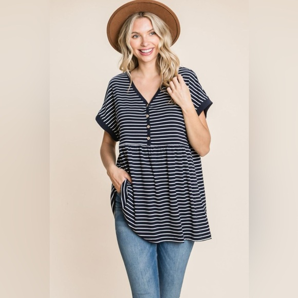 Cotton Bleu Tops - Cotton Bleu by Nu Label Striped Button Front Baby Doll Top